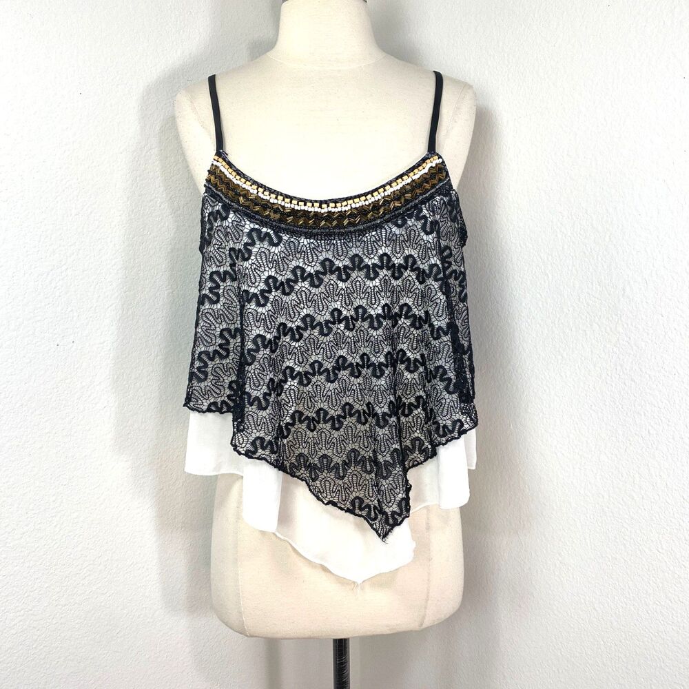 Stoosh Black Lace Tank Top XL Beaded Layers Flared Crop Whimsy Fairy Goth USA